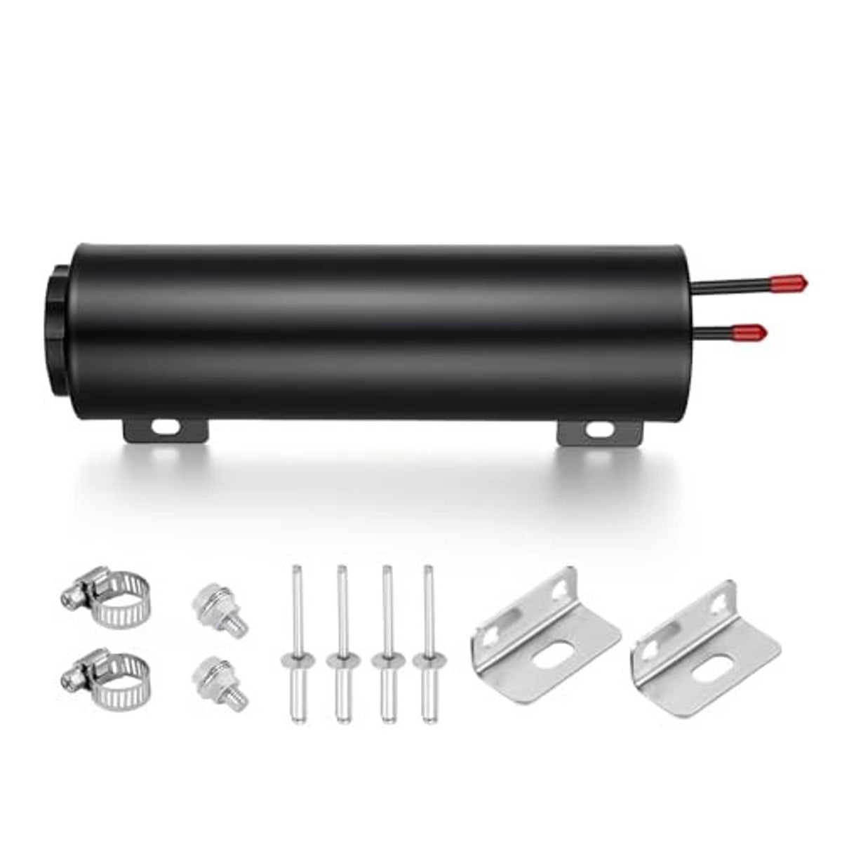 Black aluminum radiator coolant overflow tank with mounting brackets and red outlet wires