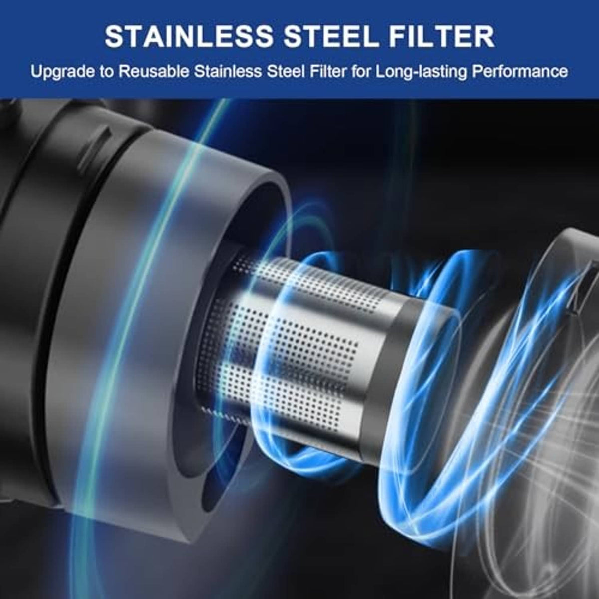 Corded stick vacuum stainless steel filter cartridge with blue airflow around it.
