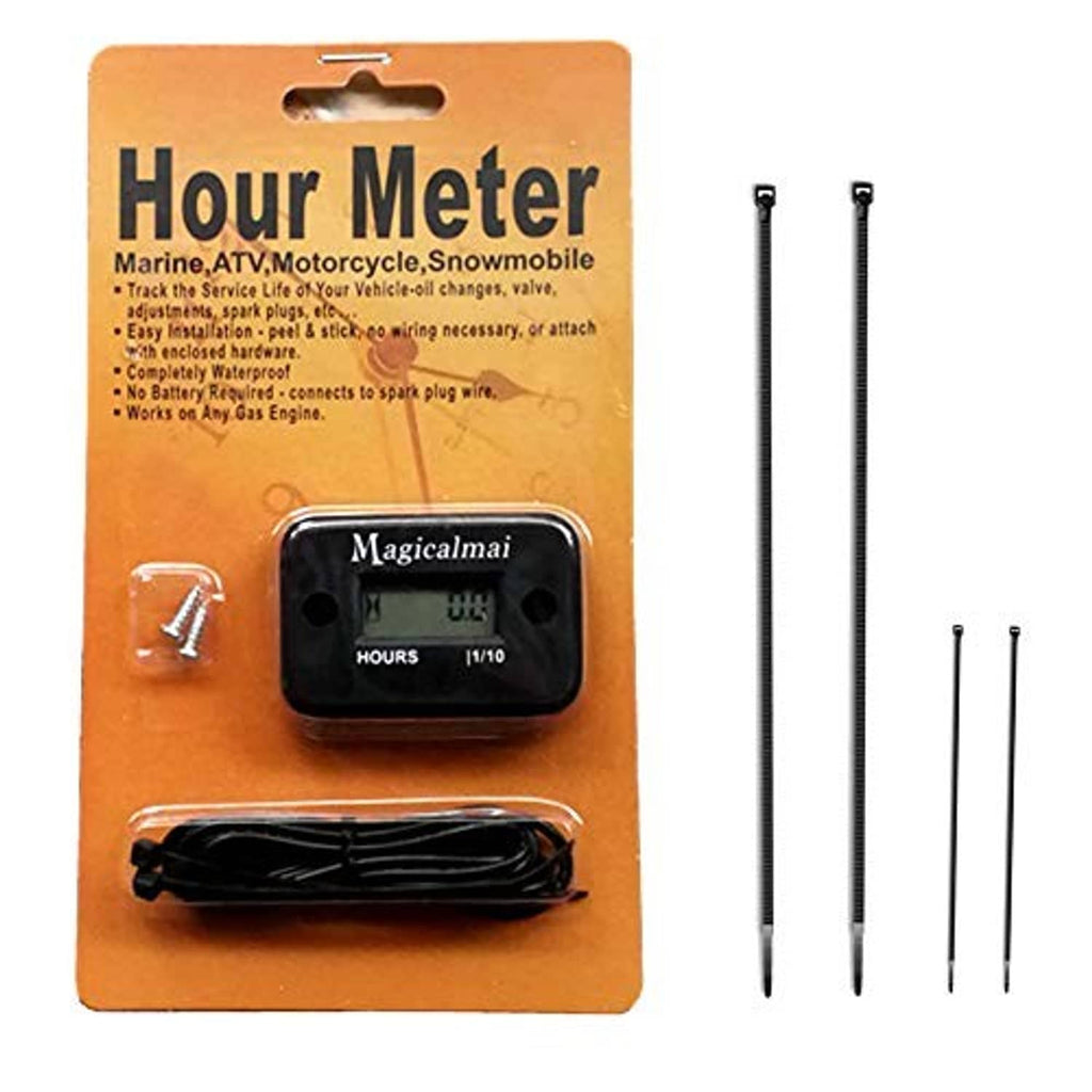 Inductive hour meter with dark housing, LCD display, and two mounting wire leads