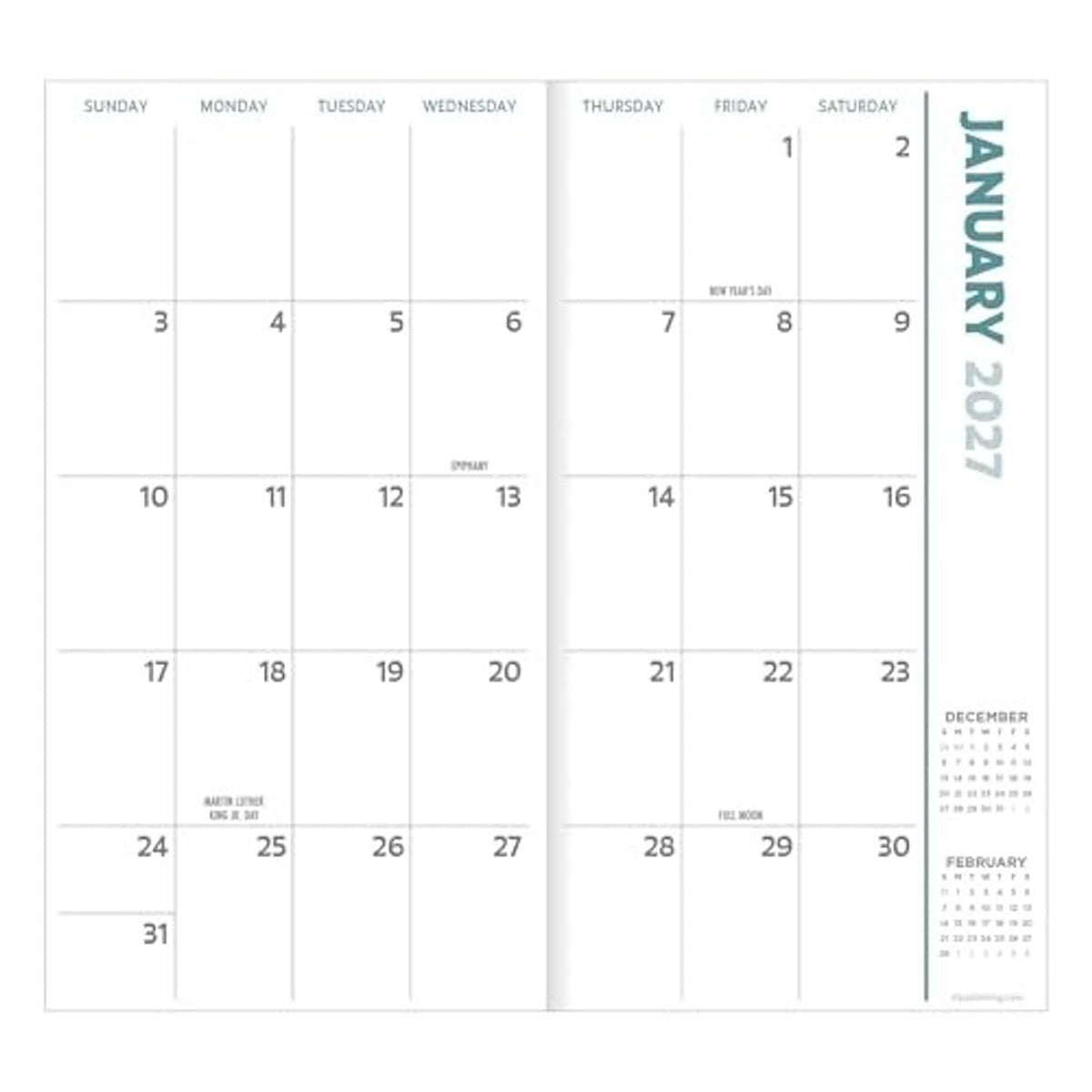 Calendar grid page with vertical January 2027 label and weekday columns