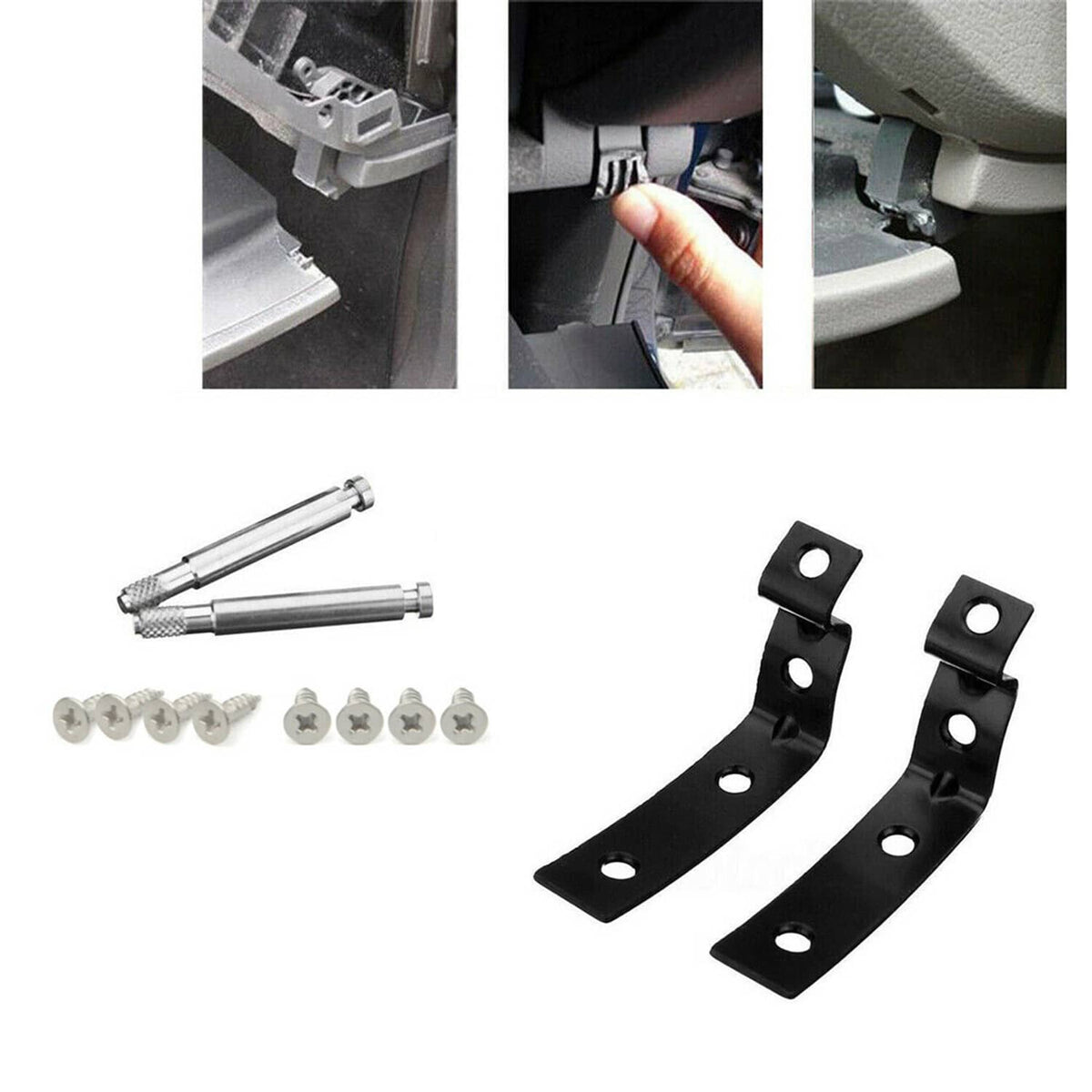 Glove box hinge bracket kit showing two black brackets, screws, and installation bolts
