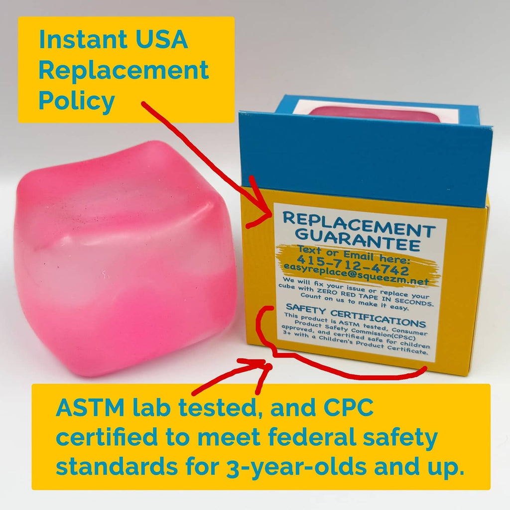 Pink squishy block cube with replacement guarantee packaging