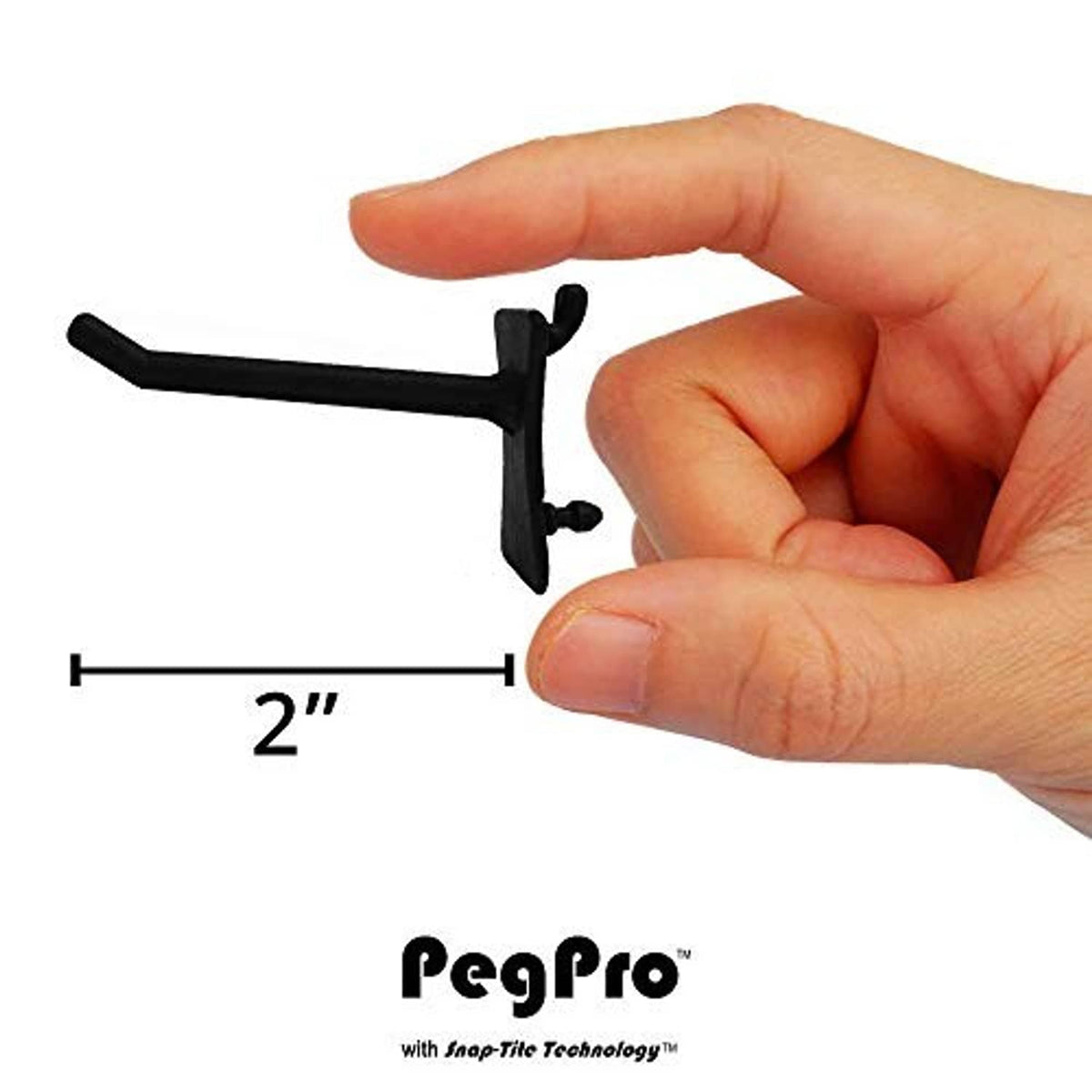 Black 2-inch straight pegboard hook held in hand
