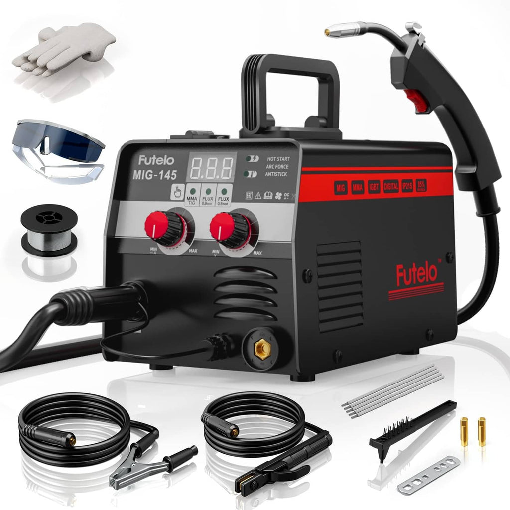 Futelo MIG 3-in-1 welder with torch handle, control panel, and welding cables
