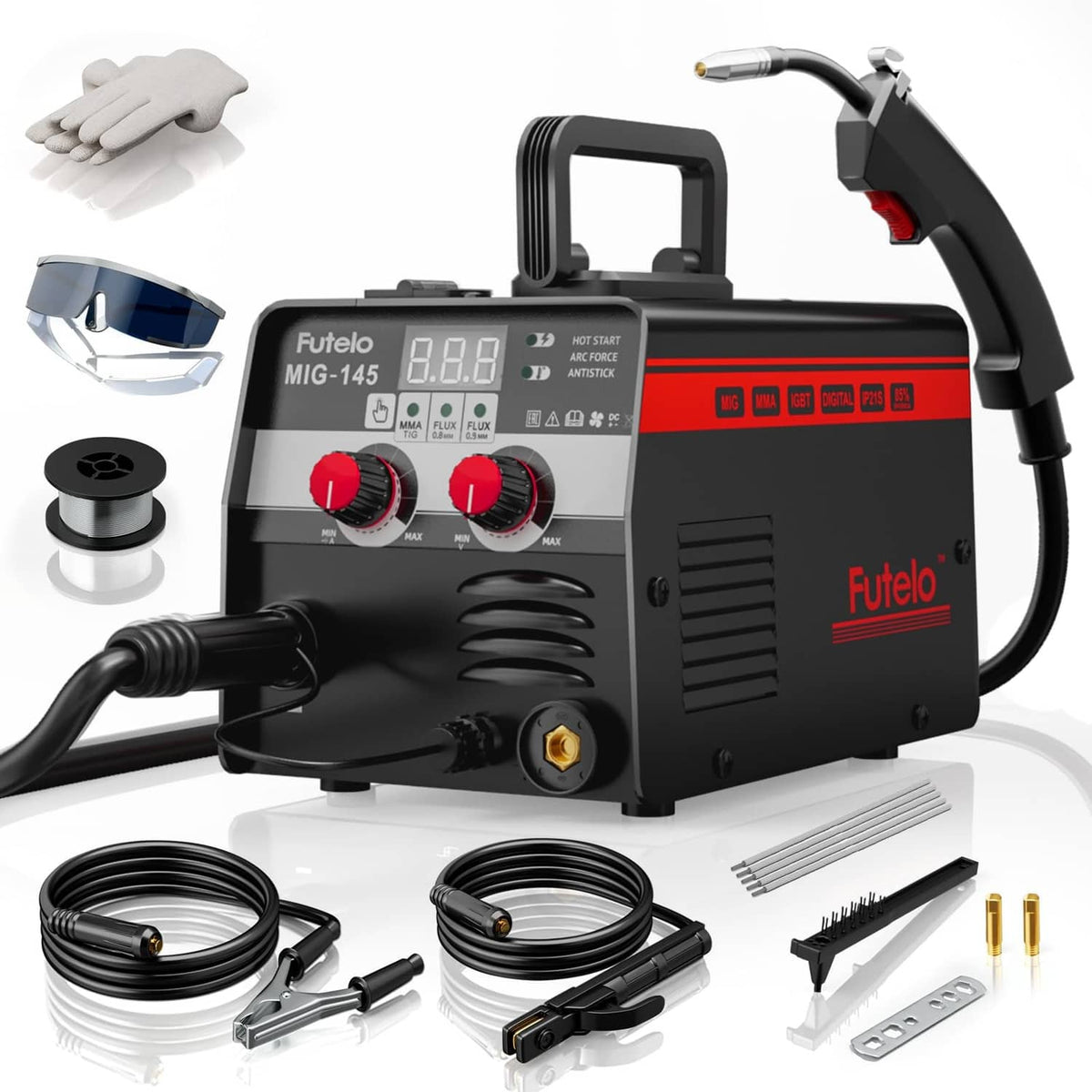 Futelo MIG 3-in-1 welder with torch handle, control panel, and welding cables