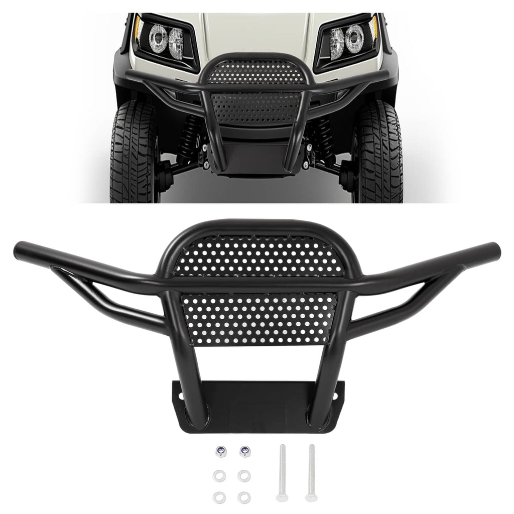 Black metal brush guard with perforated mesh center and curved mounting frame