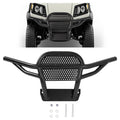 Black metal brush guard with perforated mesh center and curved mounting frame