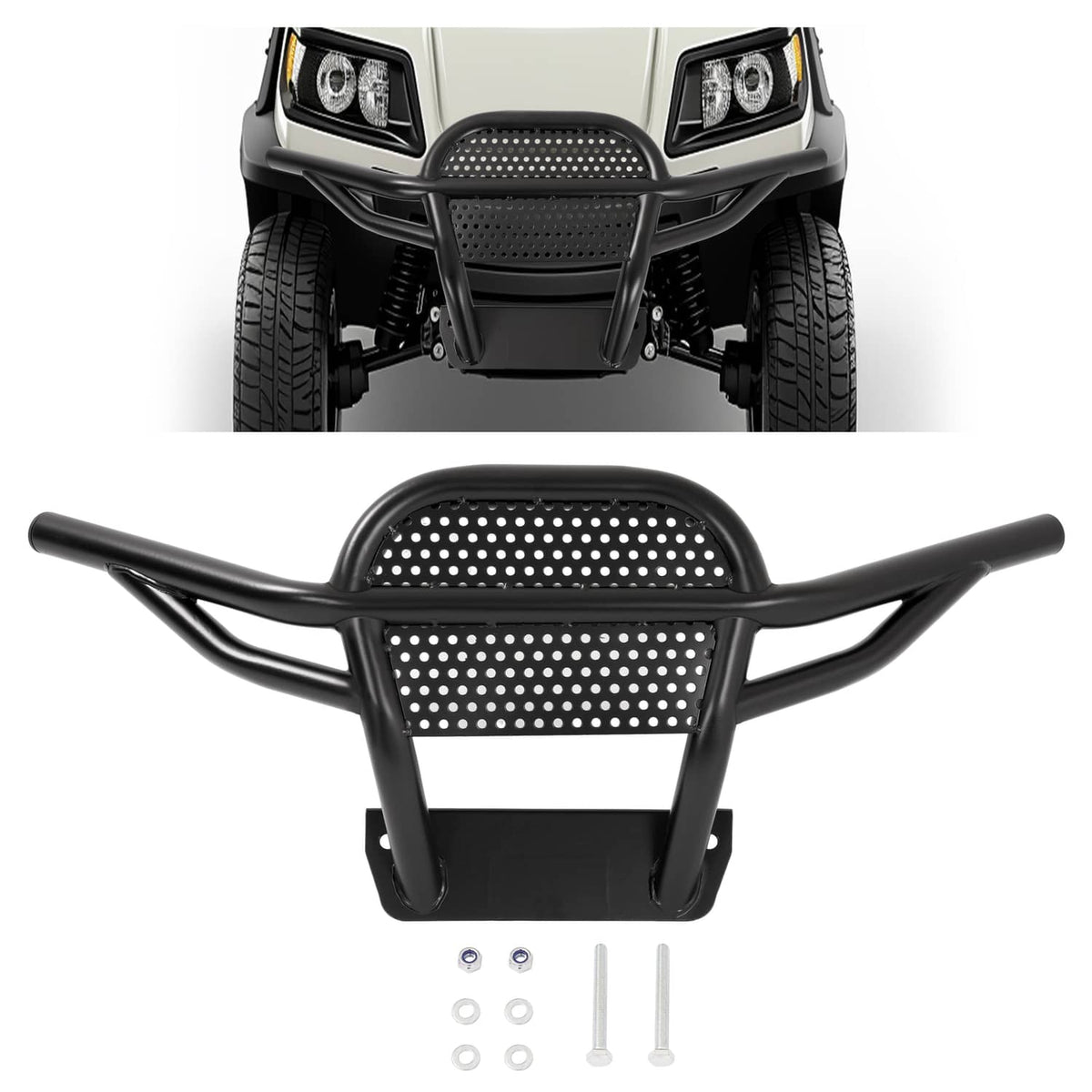 Black metal brush guard with perforated mesh center and curved mounting frame