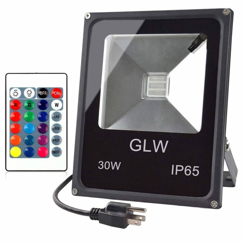 Black 30W RGB LED flood light with IP65 housing and power cord plug