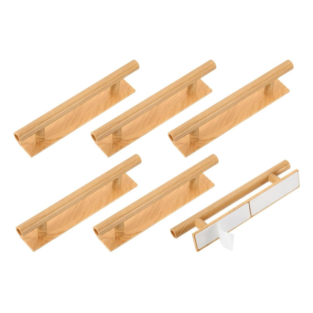 Set of six light wood-grain plastic push-pull door helpers with self-stick backing