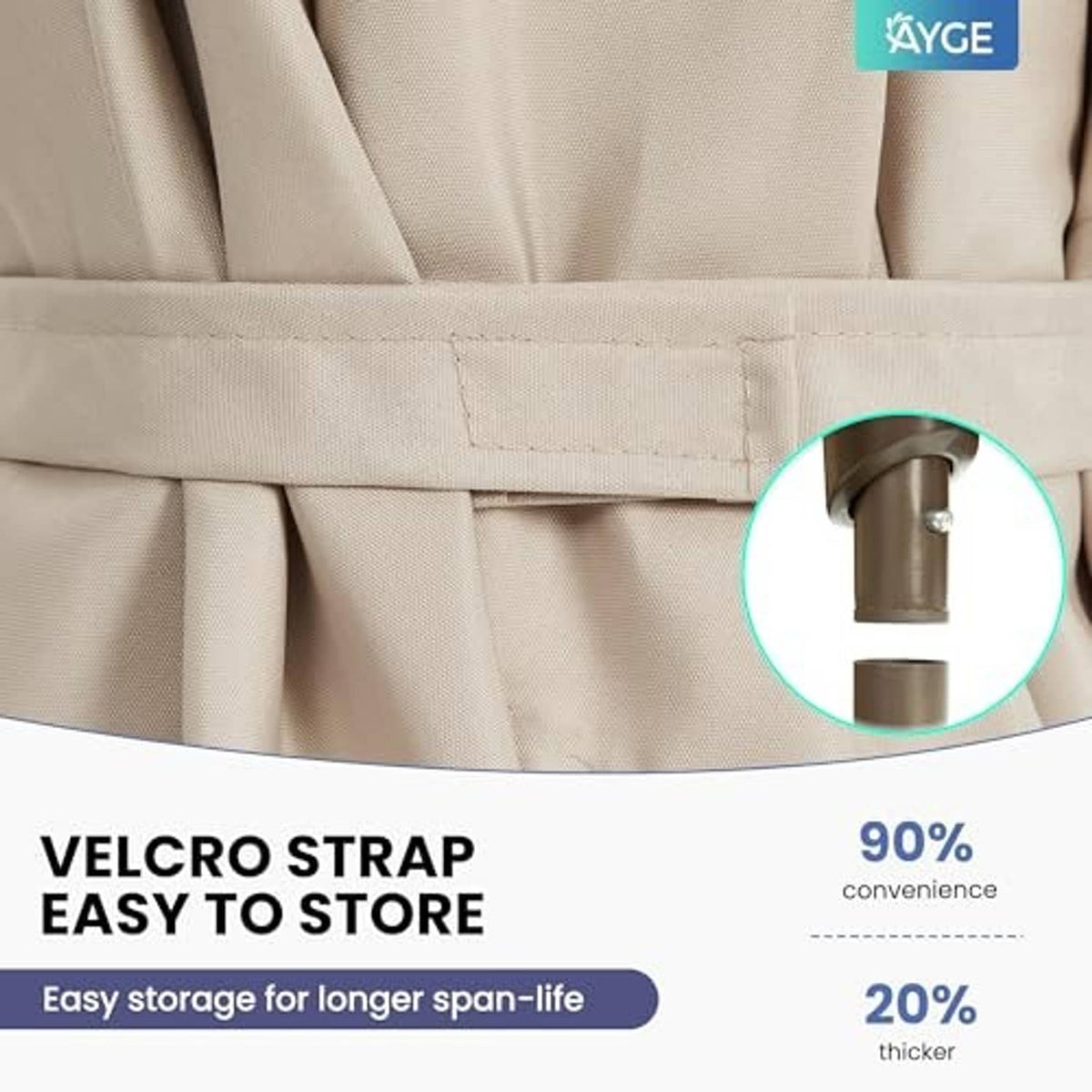 Beige patio umbrella with fabric strap for storage and metal pole end, close-up view