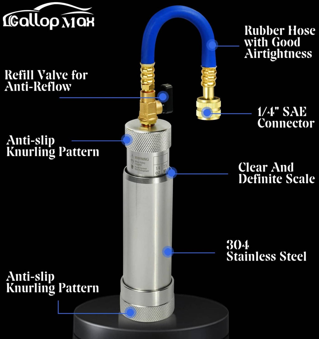 AC oil dye injector tool with blue hose, brass fittings, and stainless steel body