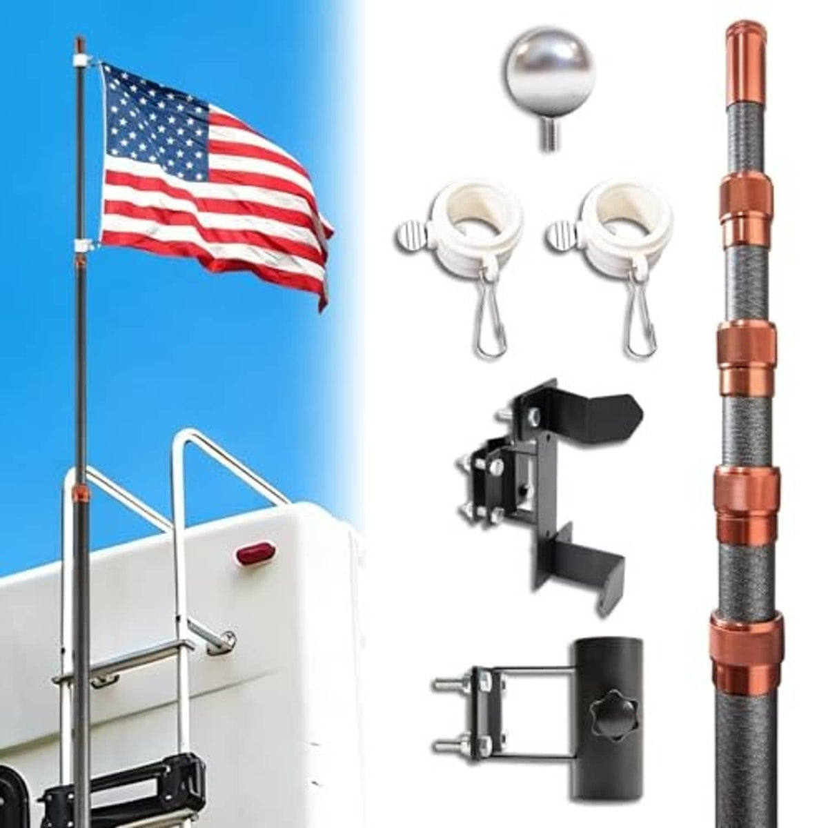 RV flag pole kit includes two white rope clips, black ladder mount bracket, and pole