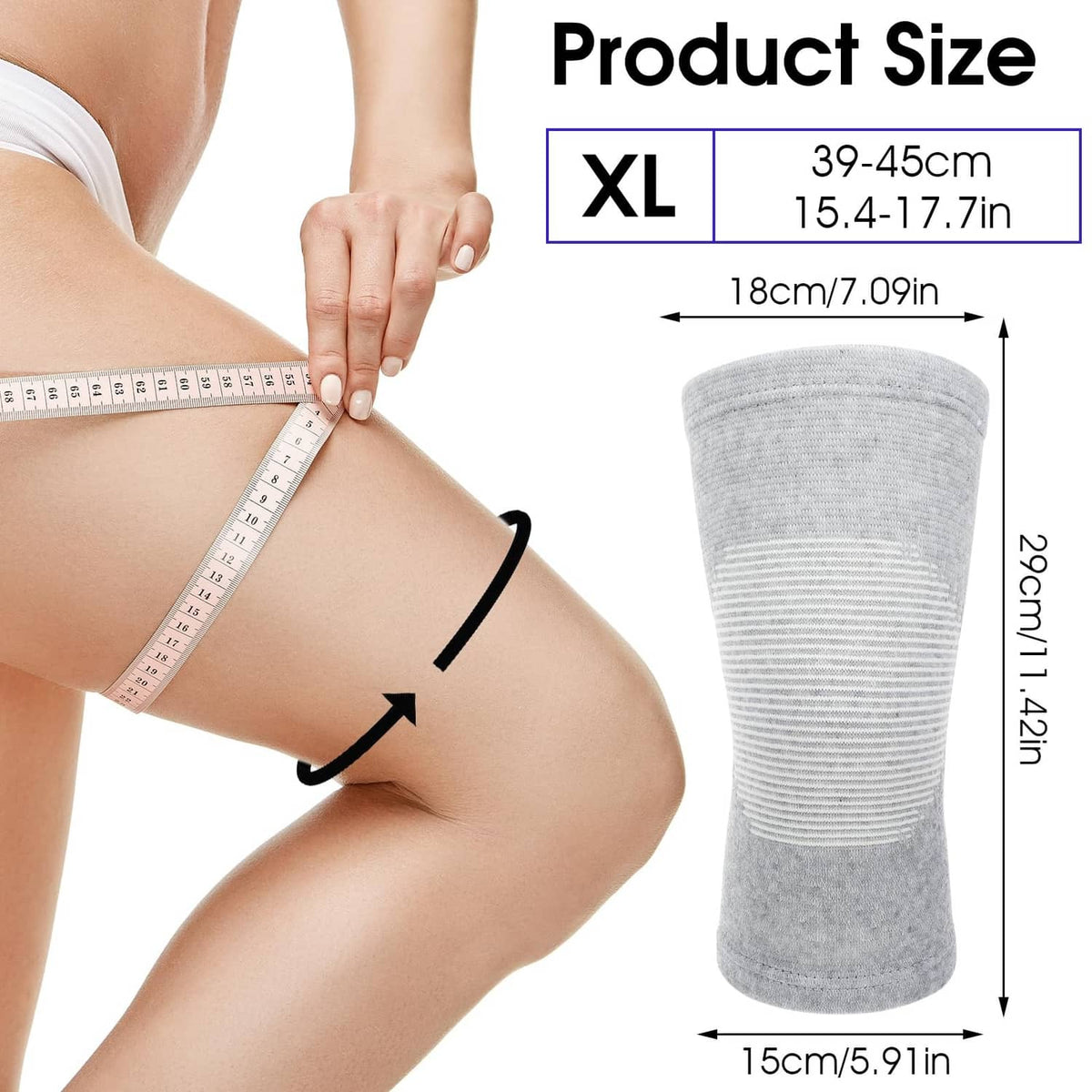 X-Large gray knit bamboo knee sleeves with elastic compression support