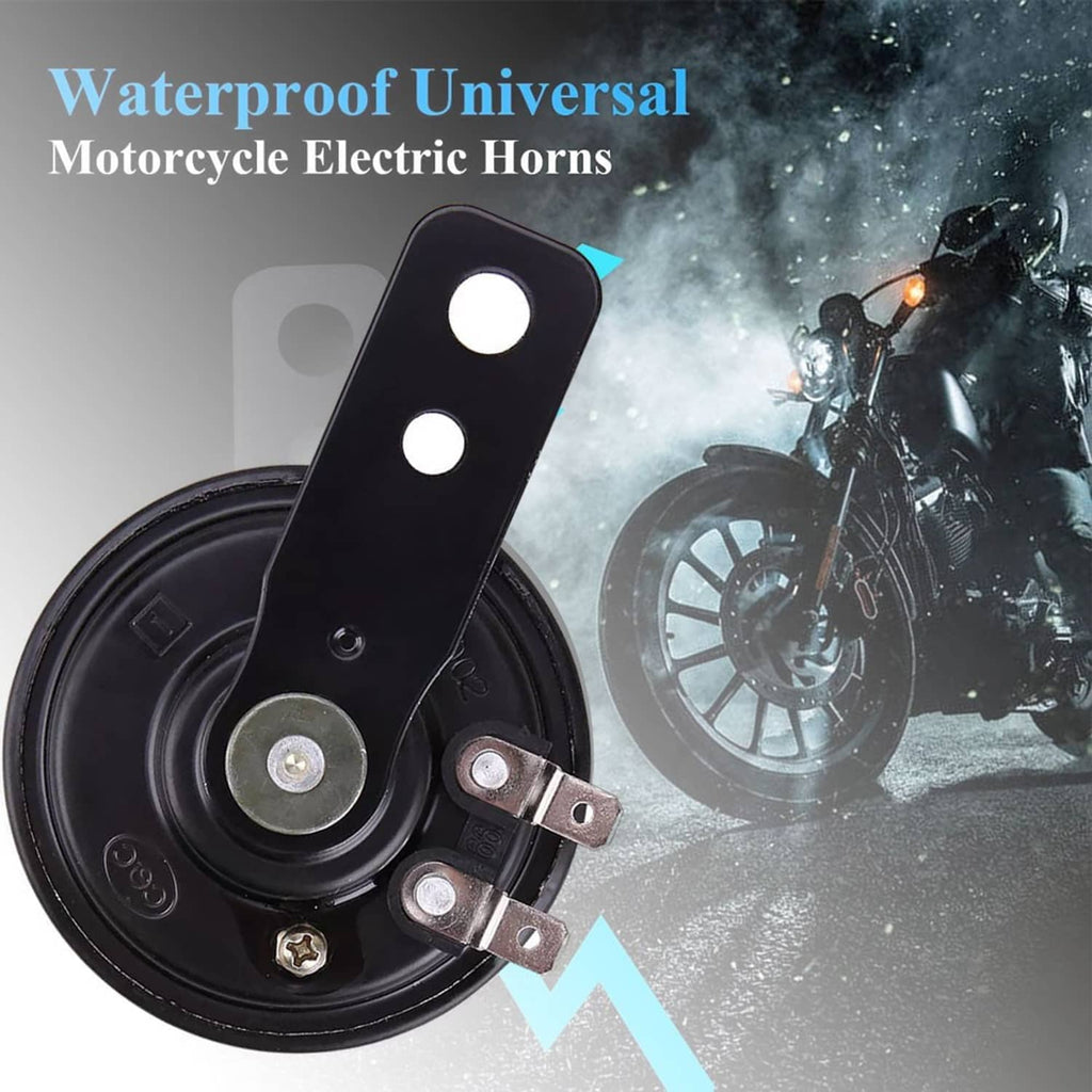 Black waterproof motorcycle electric horn with mounting bracket and screw terminals