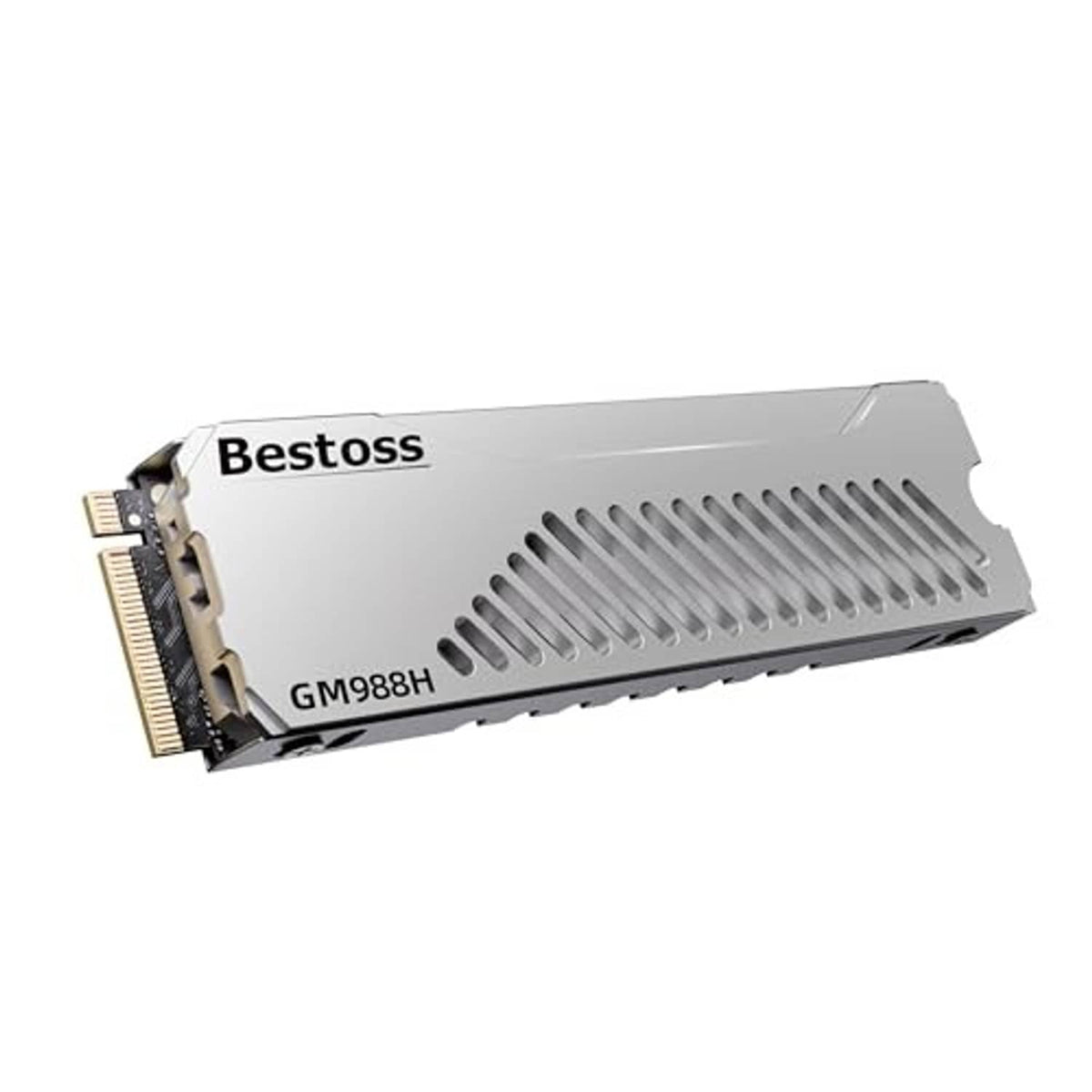 Silver NVMe M.2 2280 SSD with Bestoss heatsink, vented grille, edge connector visible