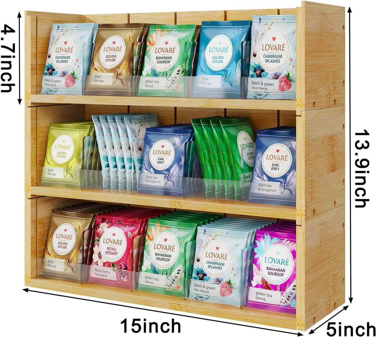 Bamboo 3-tier tea bag organizer with dimensions shown: 15 in by 13.9 in
