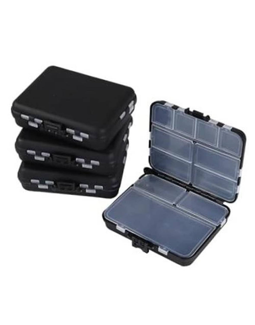 Black plastic mini tackle boxes with hinged clear-lid compartments, 4-pack.