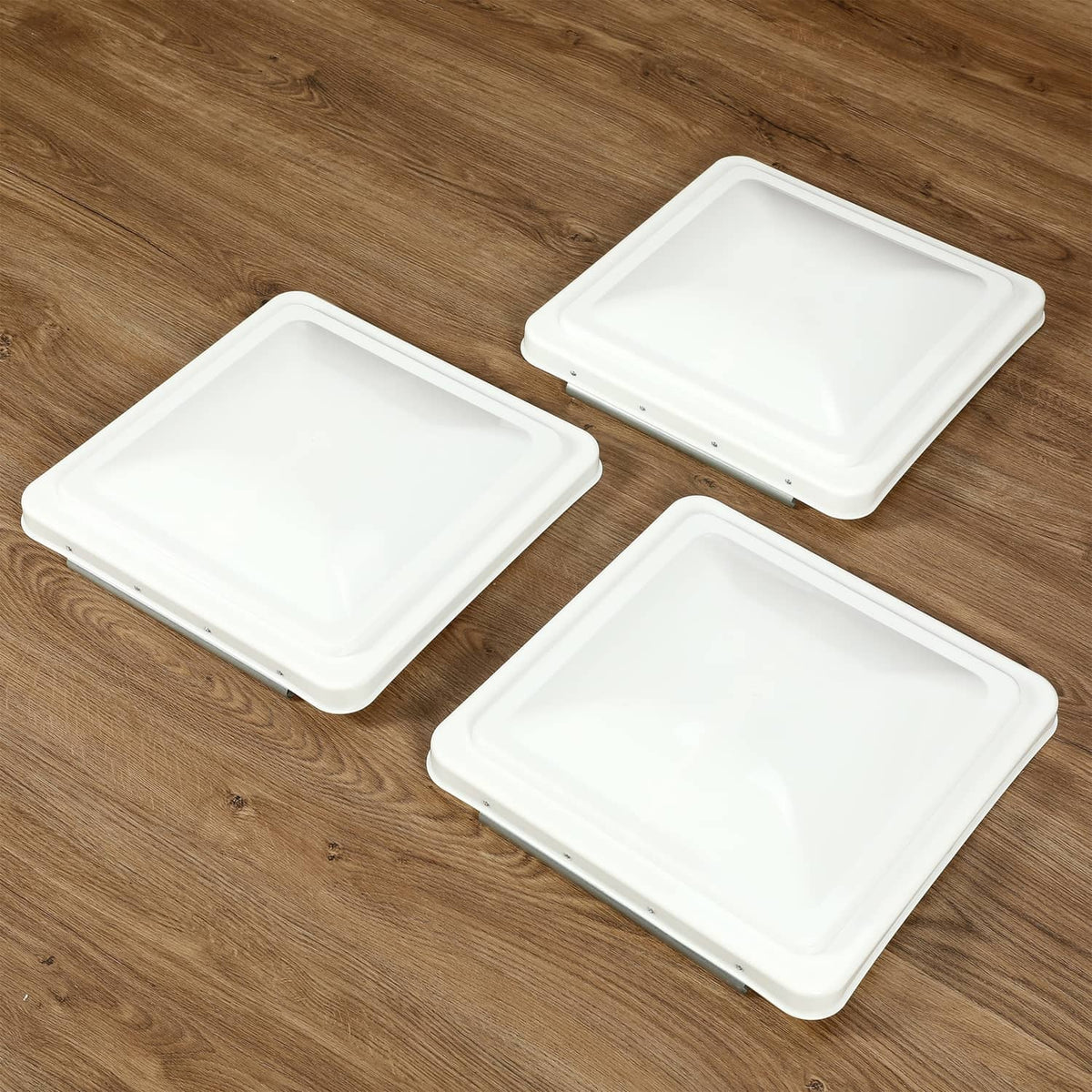Set of 3 white RV roof vent covers, square 14 x 14 in, low-profile lids