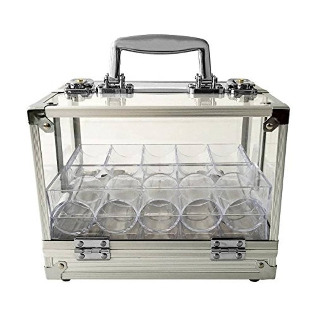 Clear acrylic poker chip locking carrier case with metal handle and hinged lid