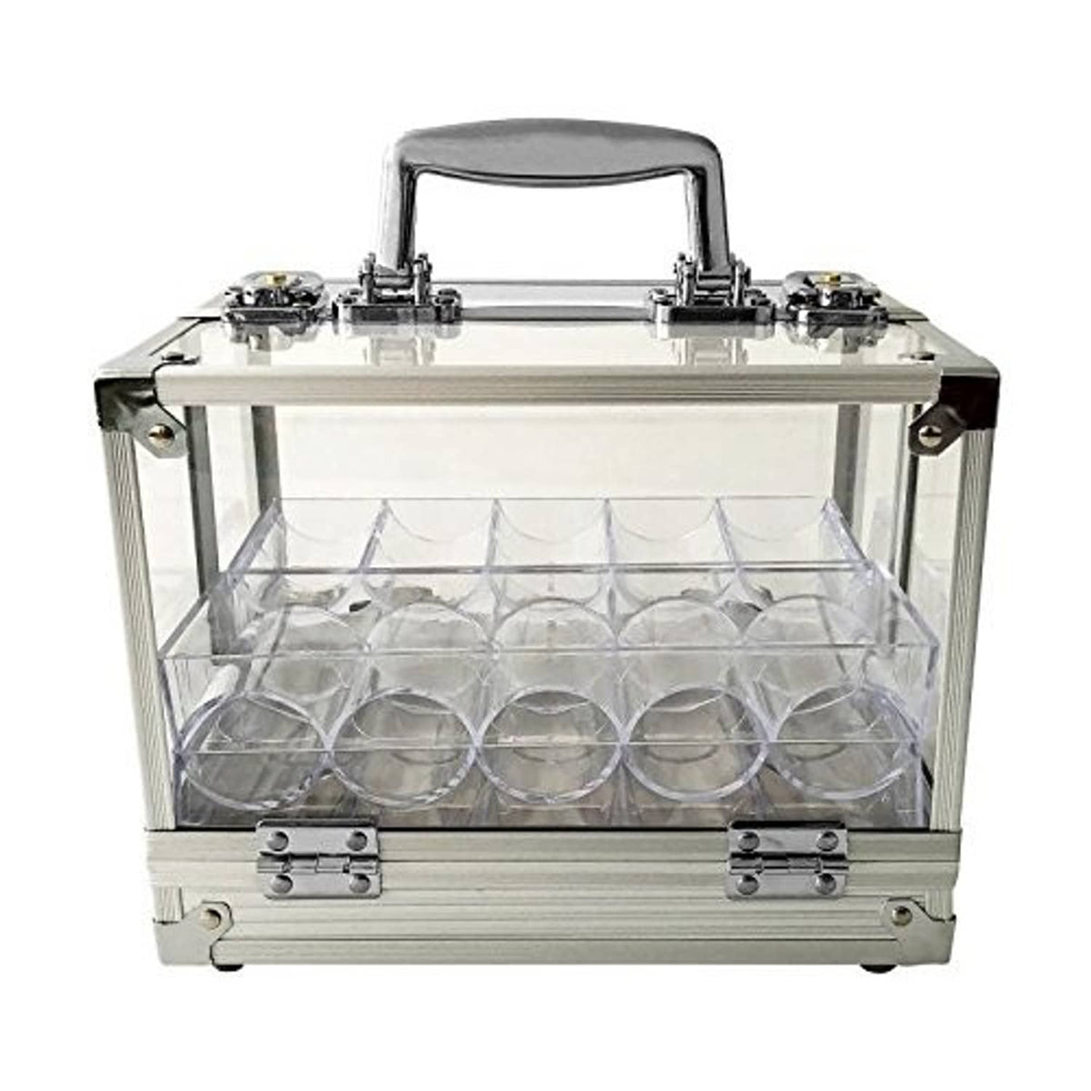 Clear acrylic poker chip locking carrier case with metal handle and hinged lid