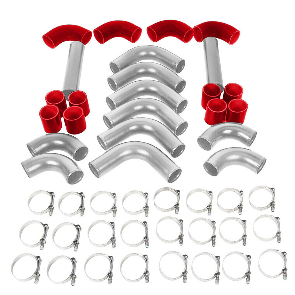 Red silicone couplers with polished aluminum piping pieces and stainless steel clamps