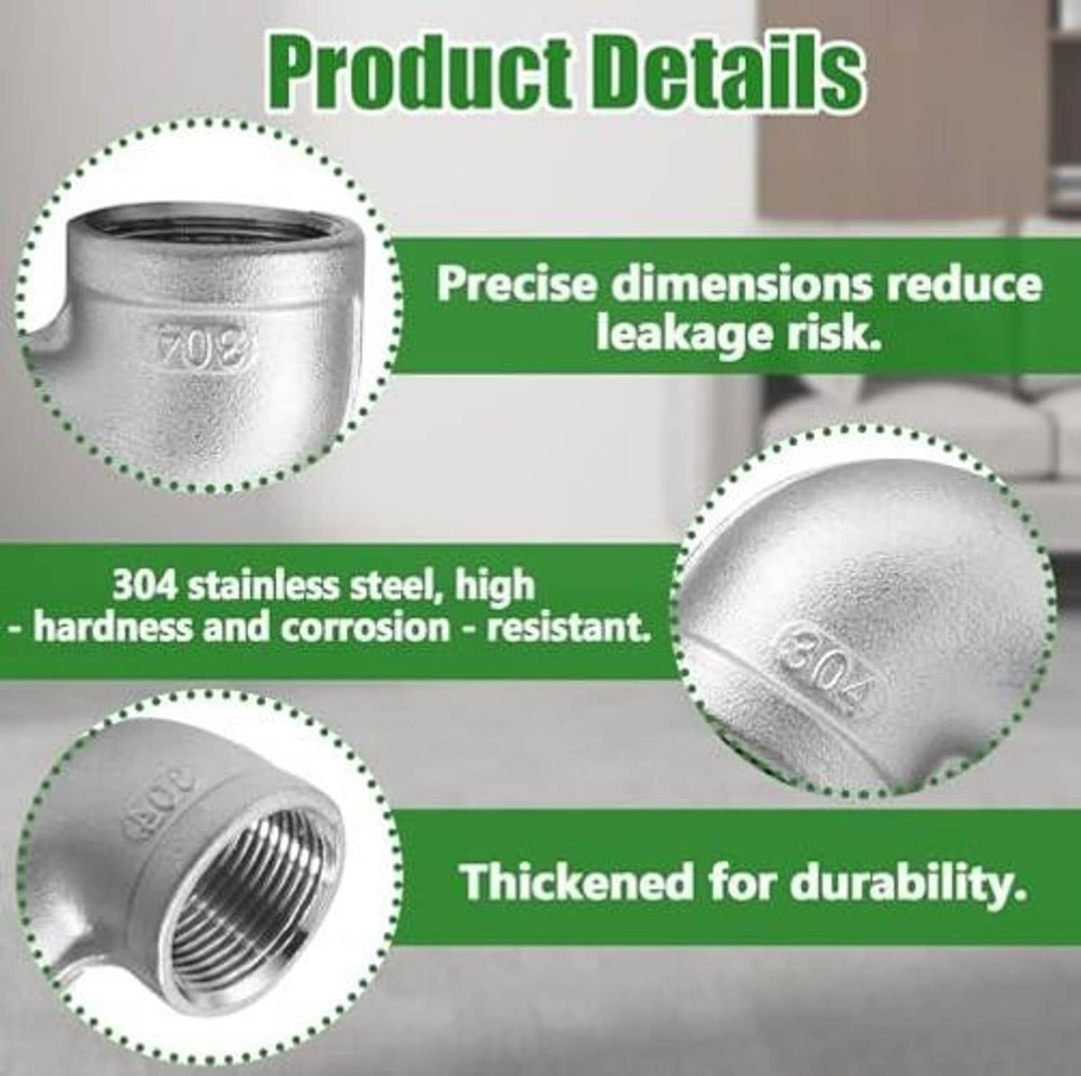 Stainless steel elbow fitting close-up with detailed NPT threads and embossed surface marking