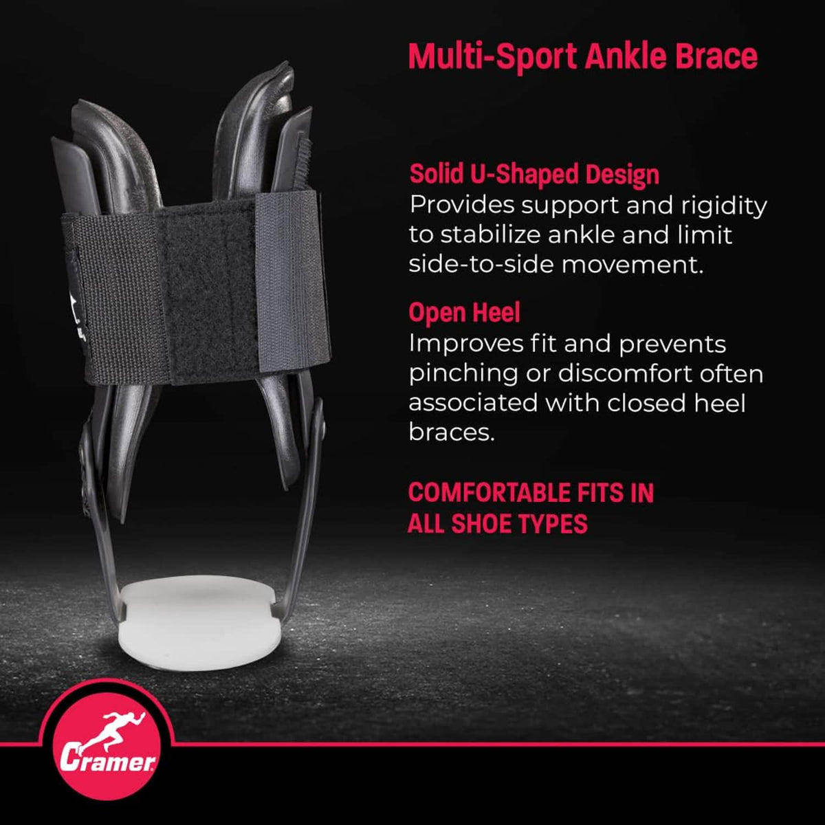 Rigid ankle brace with U-shaped side supports and open heel