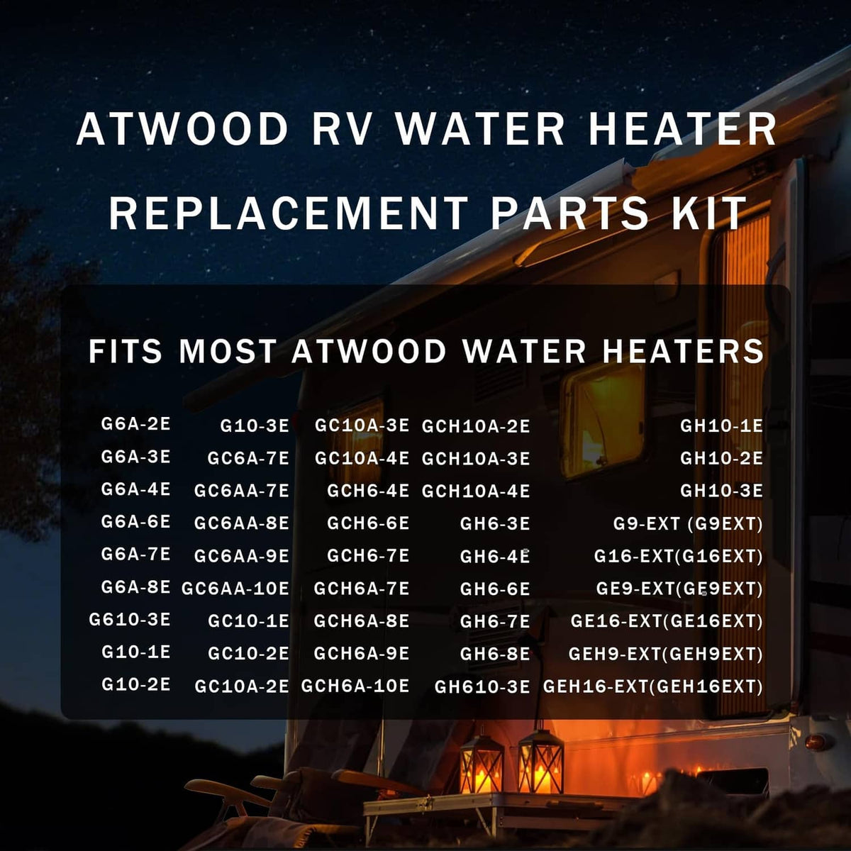 RV water heater replacement parts kit graphic with illustrated component layout