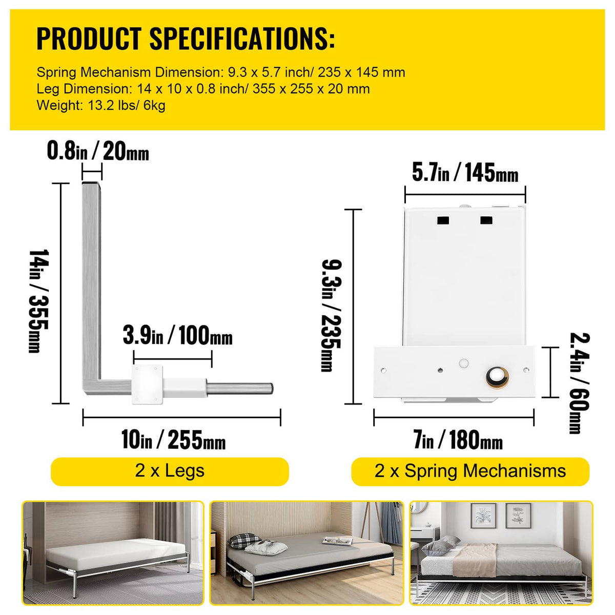 Murphy bed spring mechanism kit dimensions diagram with two legs and two spring units