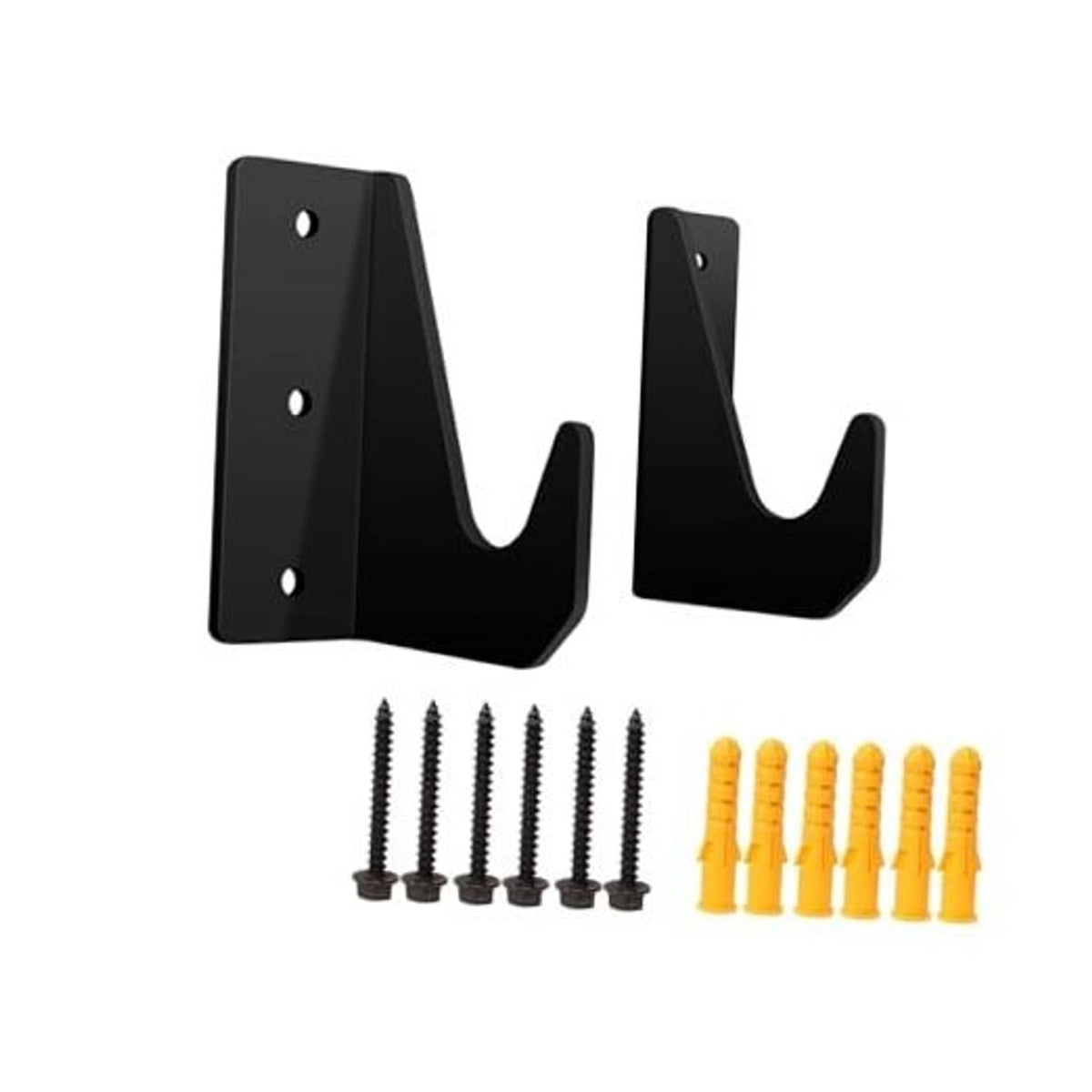 Black wall-mount jack stand brackets with bolts and screws