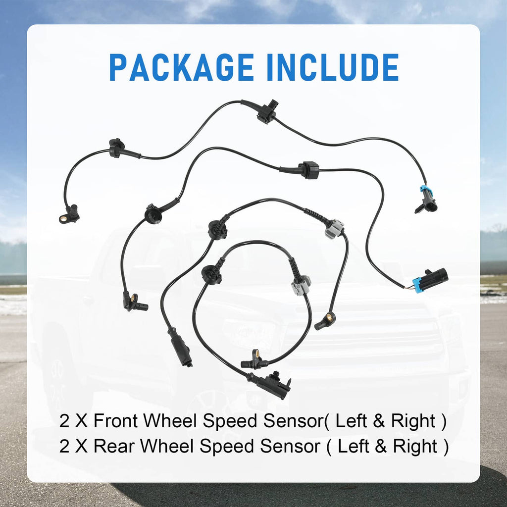 Wheel speed sensor kit with four front/rear sensors and black wiring harness