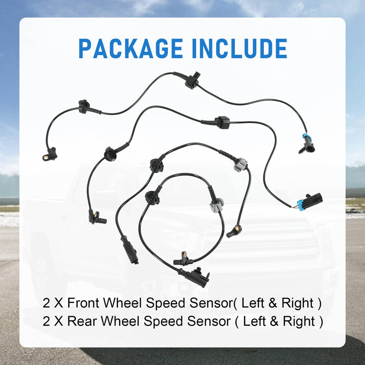 Wheel speed sensor kit with four front/rear sensors and black wiring harness