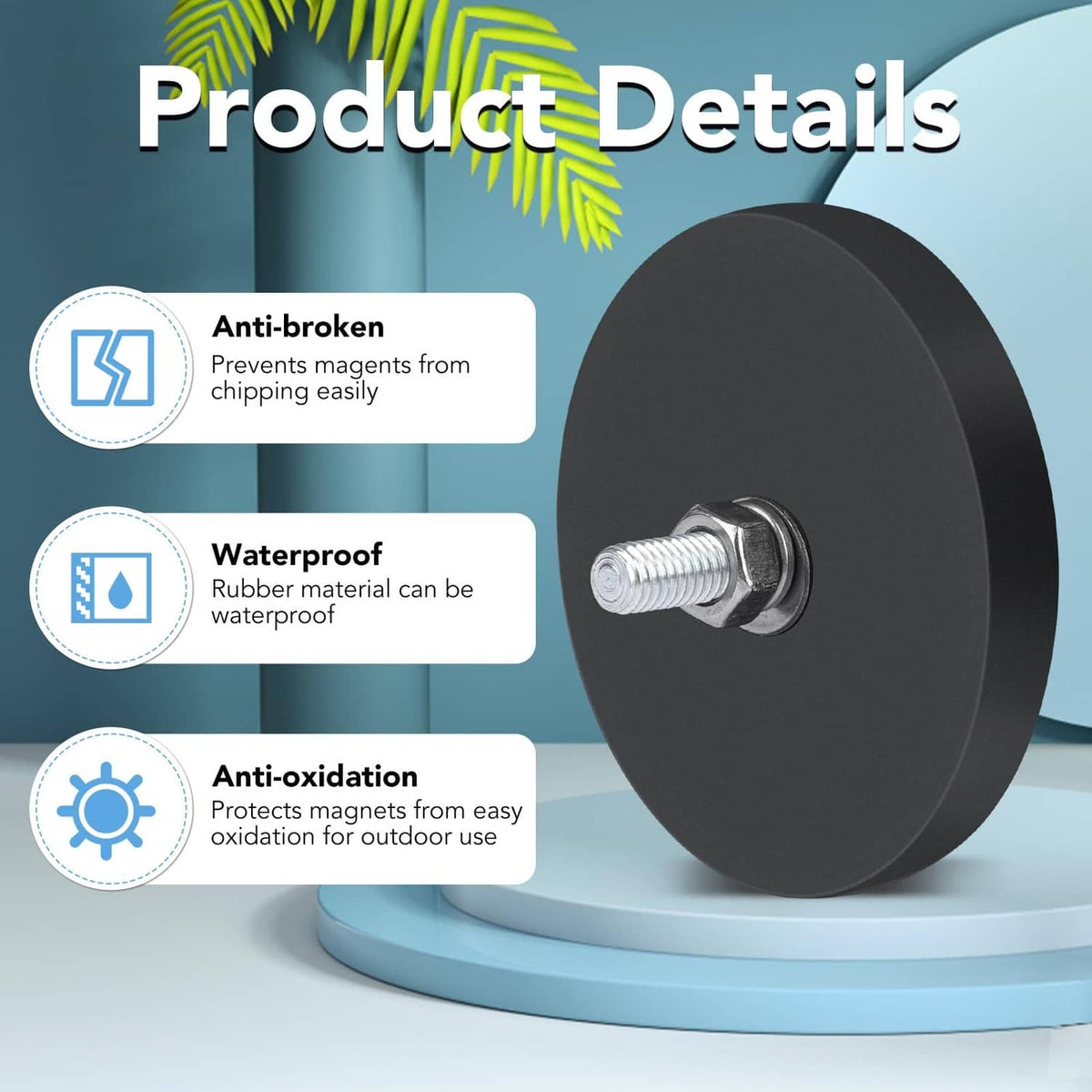 Black rubber-coated magnet base with threaded bolt and metal washer