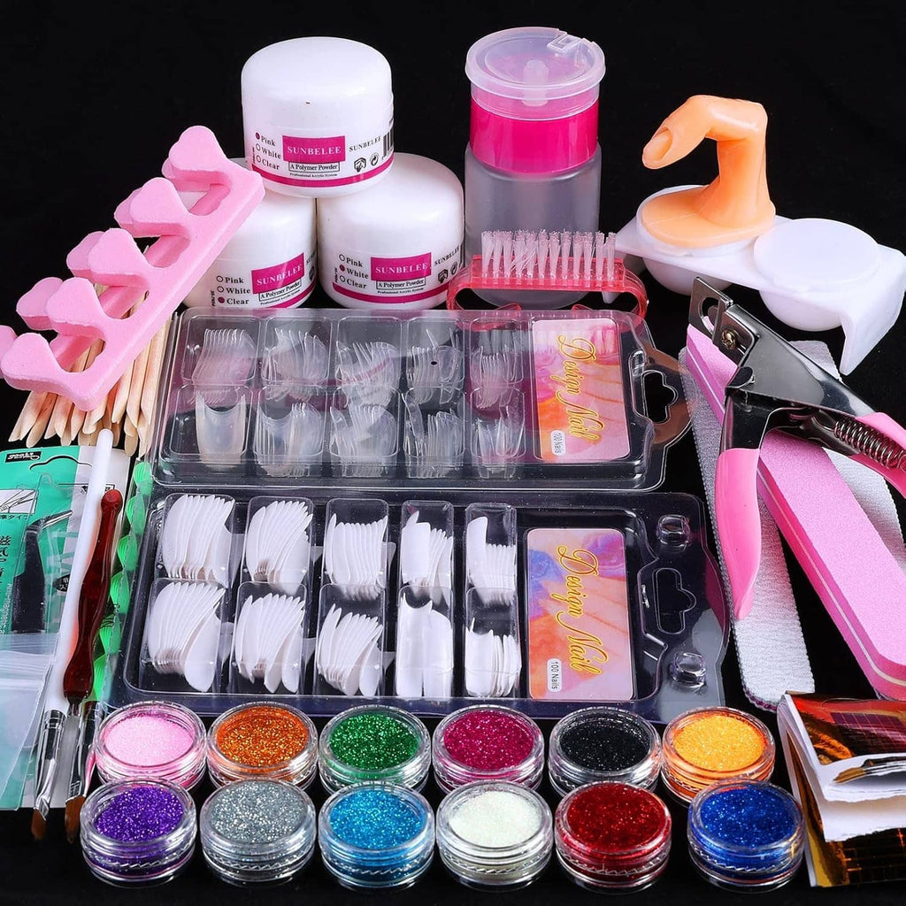 Professional acrylic nail kit set with glitter jars, nail tips, and application tools