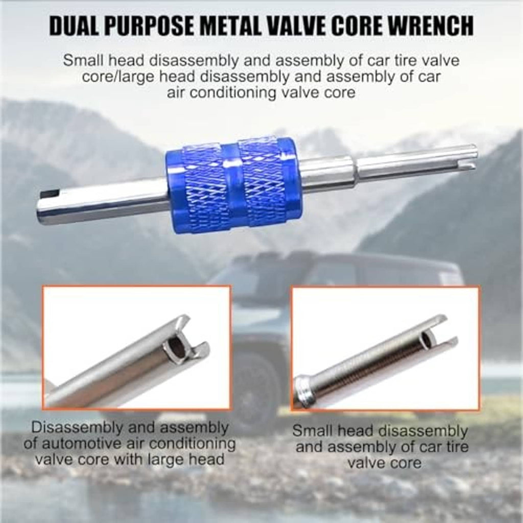 Metal A/C valve core wrench with blue grip and examples of valve core disassembly