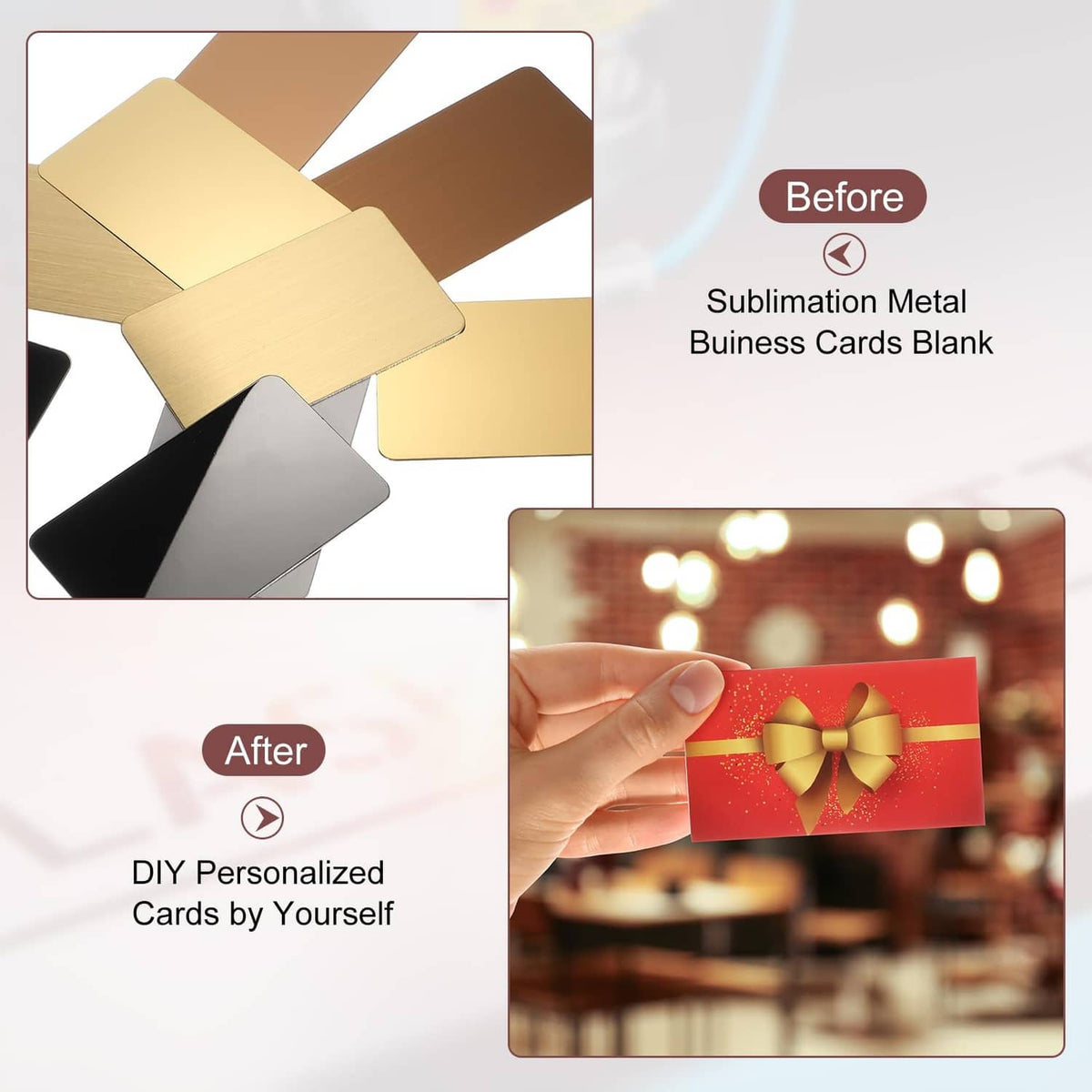 Rose gold metal business cards blank, before-and-after DIY personalization