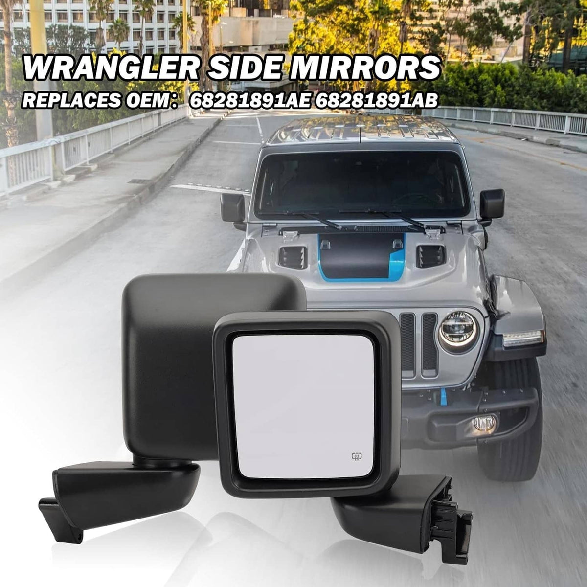 Left power heated side mirror installed on vehicle exterior, black housing