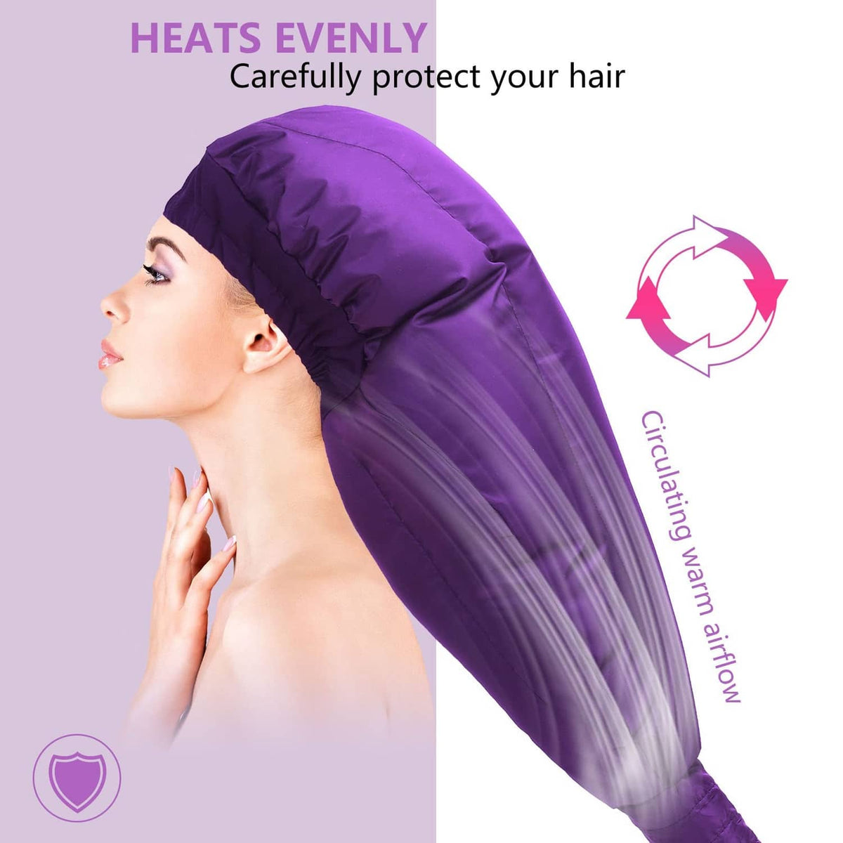 Purple hooded hair dryer bonnet with smooth inner lining for even heat