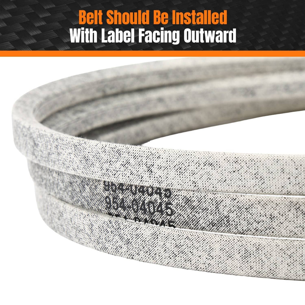 Gray deck V-belt close-up with printed part numbers on the fabric