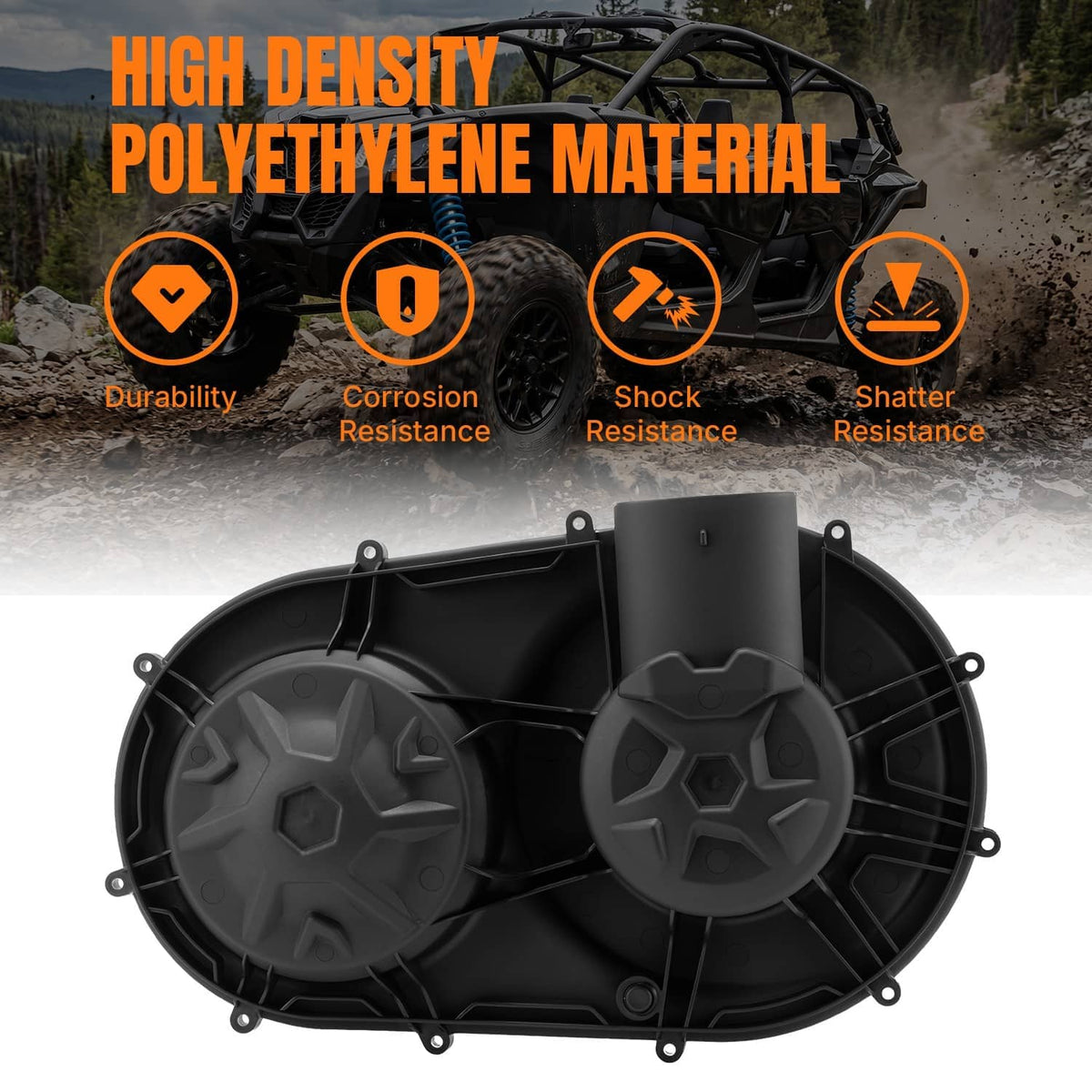 Black clutch cover with two circular fan covers and protective mounting rim