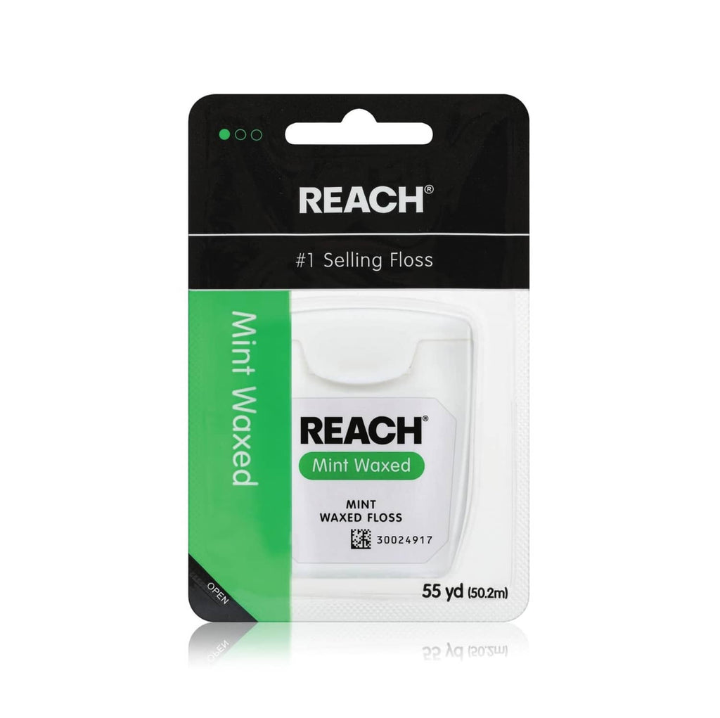 Reach mint waxed dental floss pack, white and green card, 55 yd