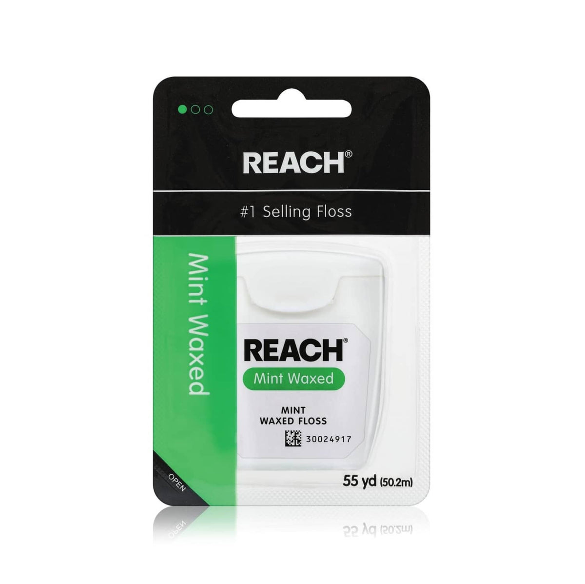 Reach mint waxed dental floss pack, white and green card, 55 yd
