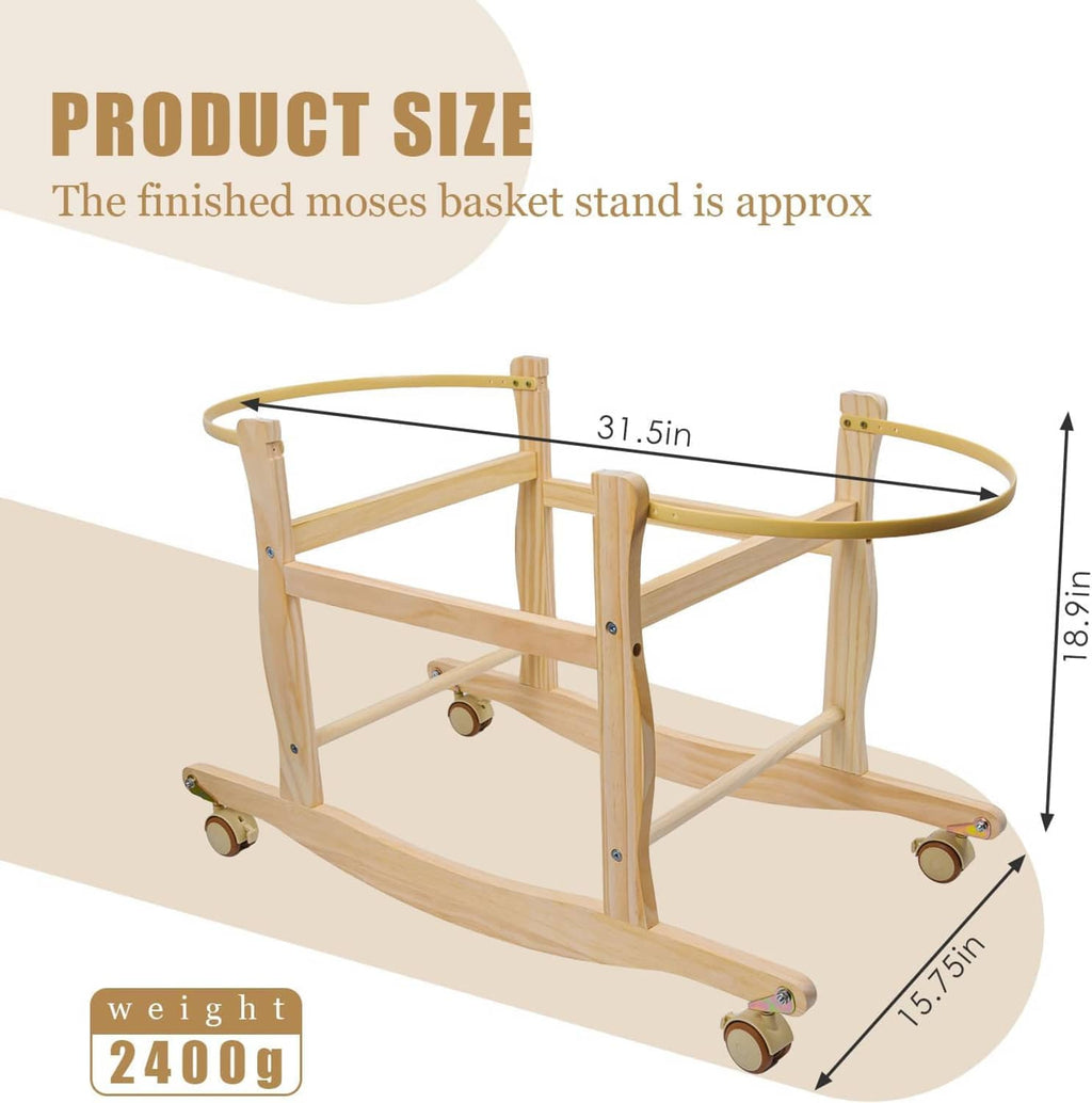 Wooden Moses basket stand, side view with curved rocker frame and caster wheels