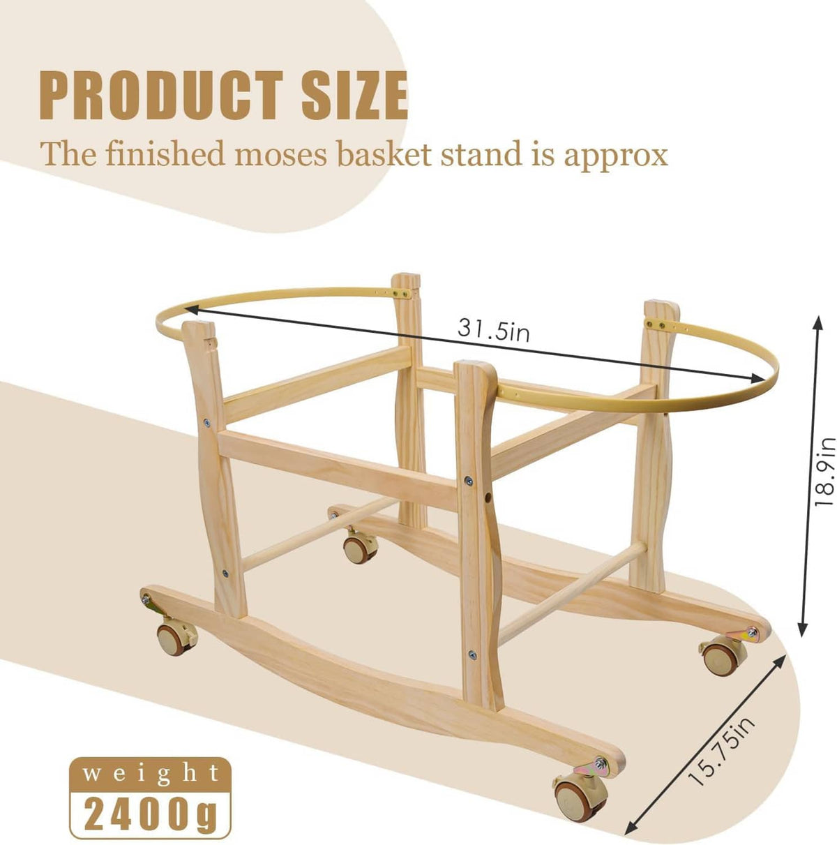Wooden Moses basket stand, side view with curved rocker frame and caster wheels