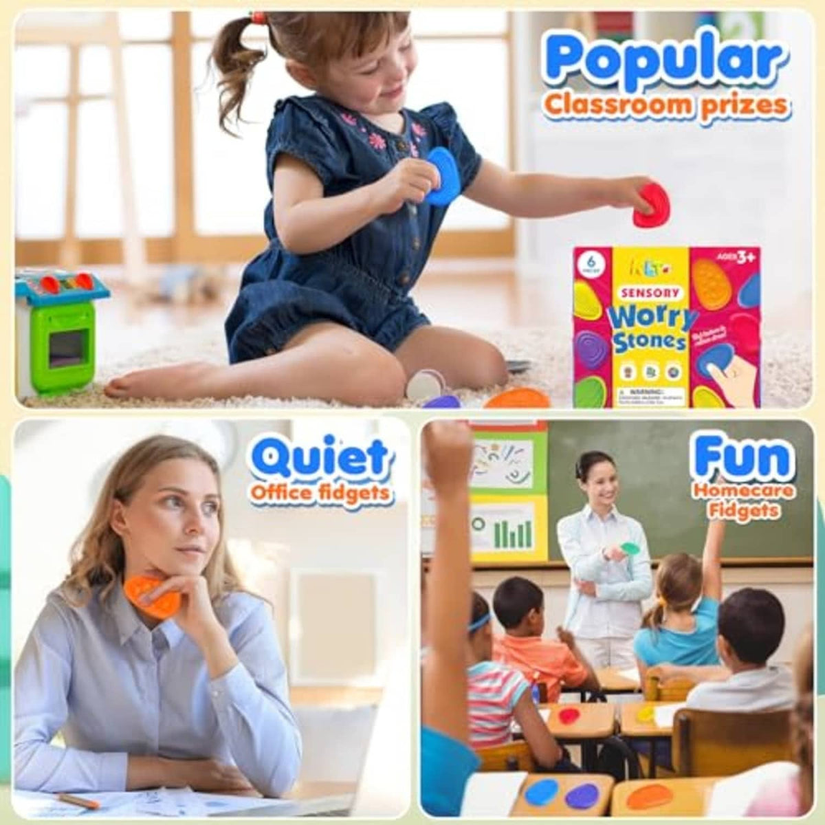 Multiple kids using colorful sensory worry stones for quiet fidgeting in classroom