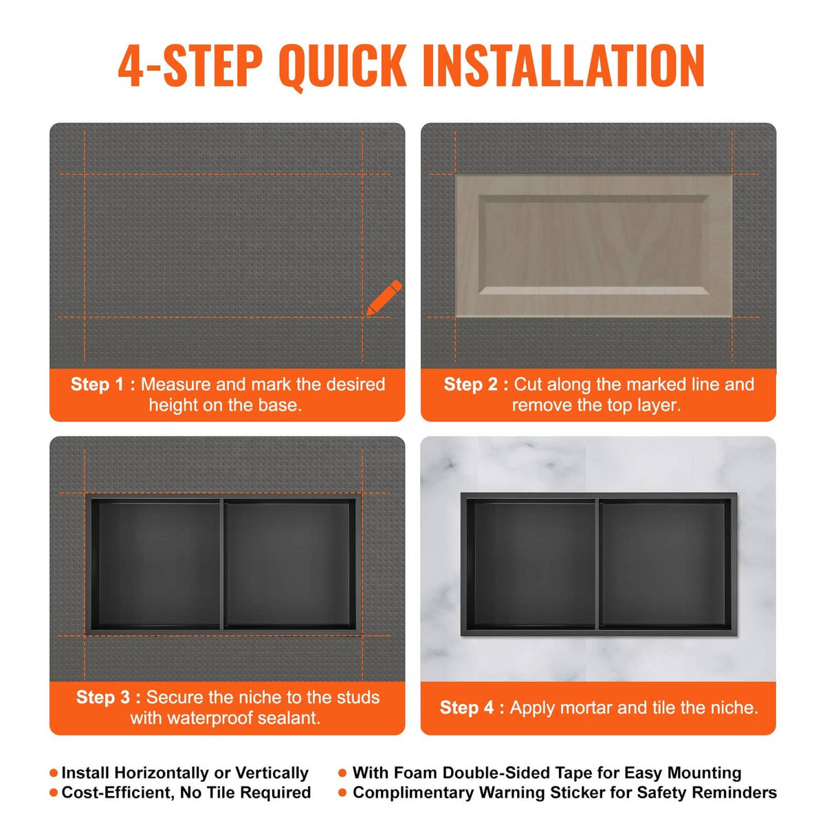 Black stainless steel shower niche insert with double shelves, quick installation steps overview