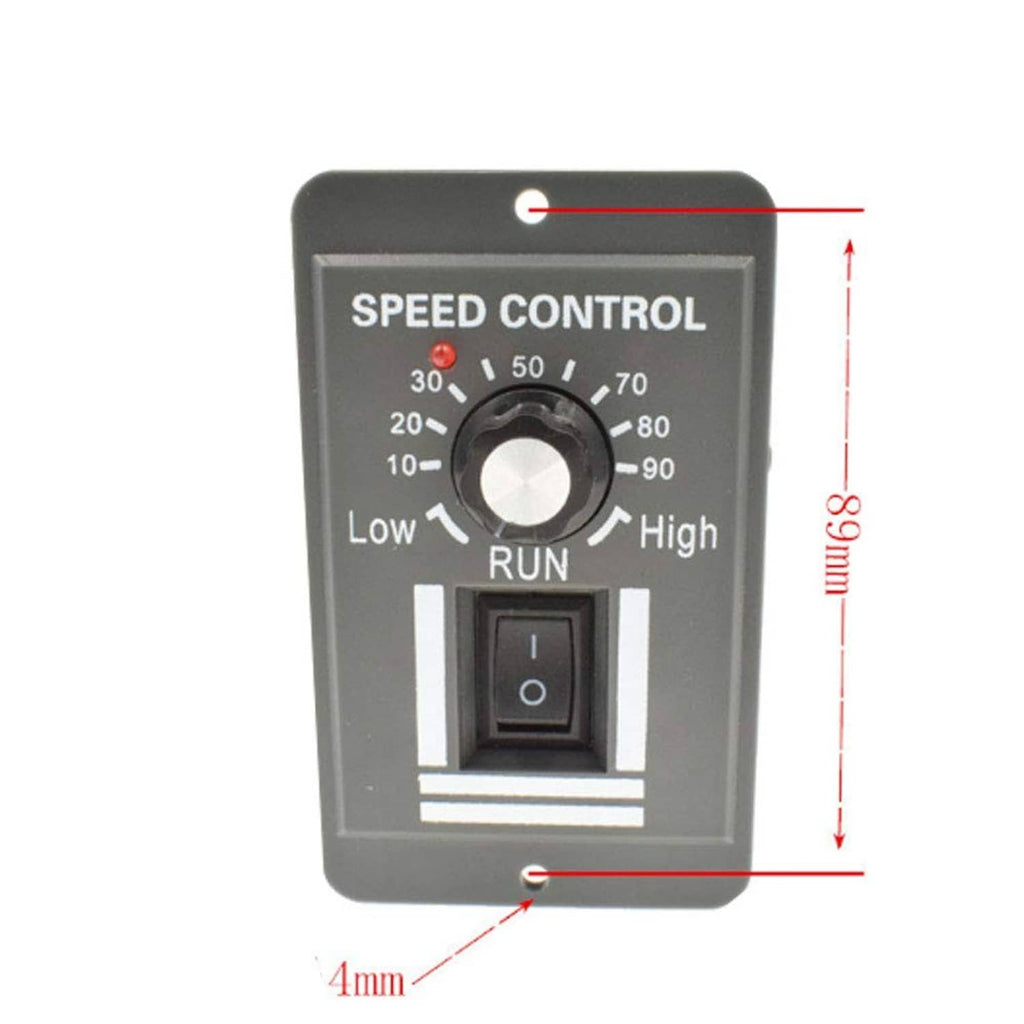 Compact DC motor speed control module with knob, RUN switch, and size guide marks
