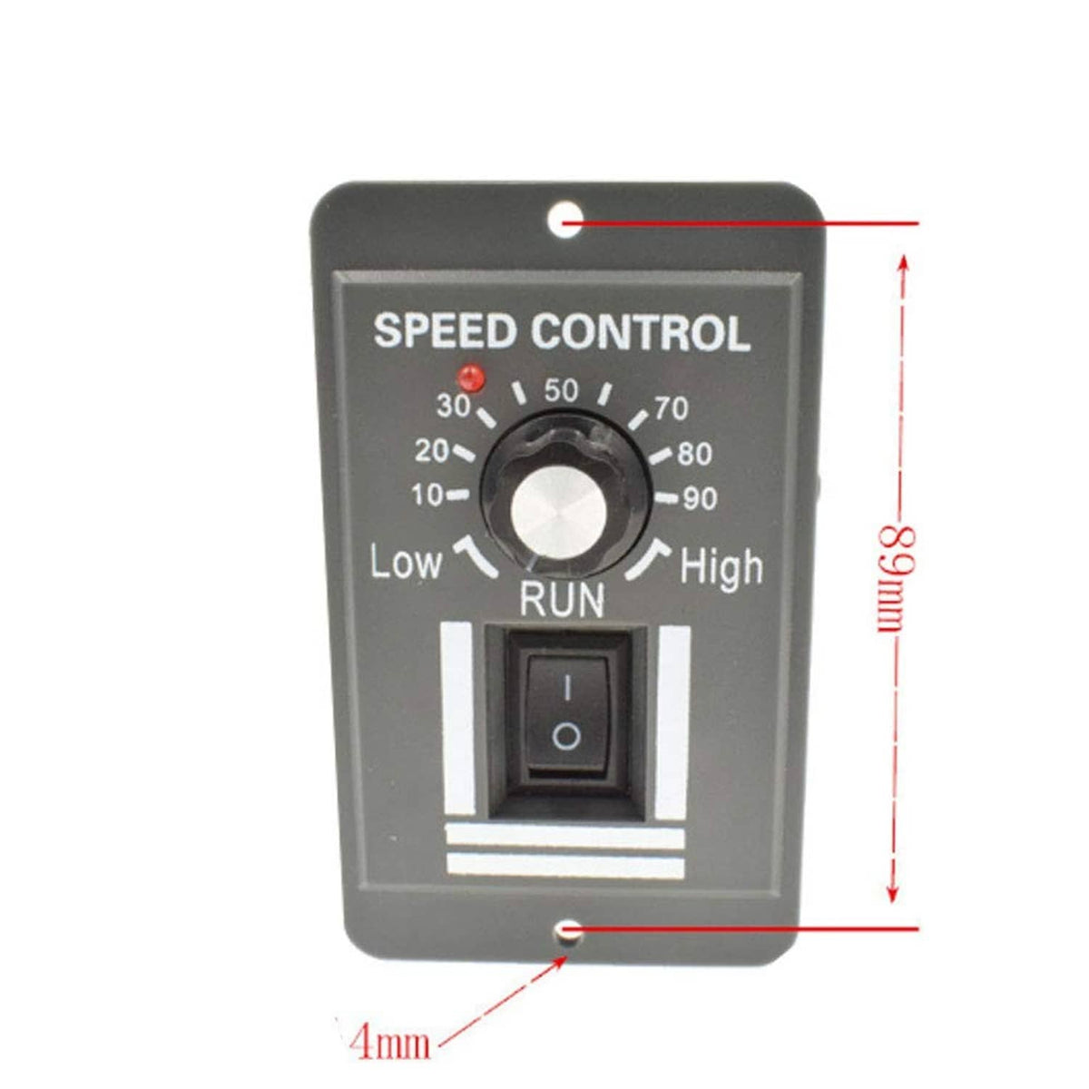 Compact DC motor speed control module with knob, RUN switch, and size guide marks