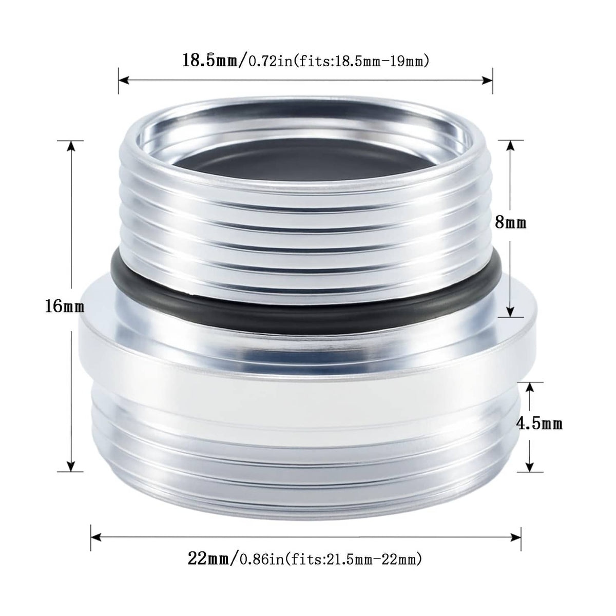 Silver faucet aerator adapter sleeve with male threads; size measurements displayed